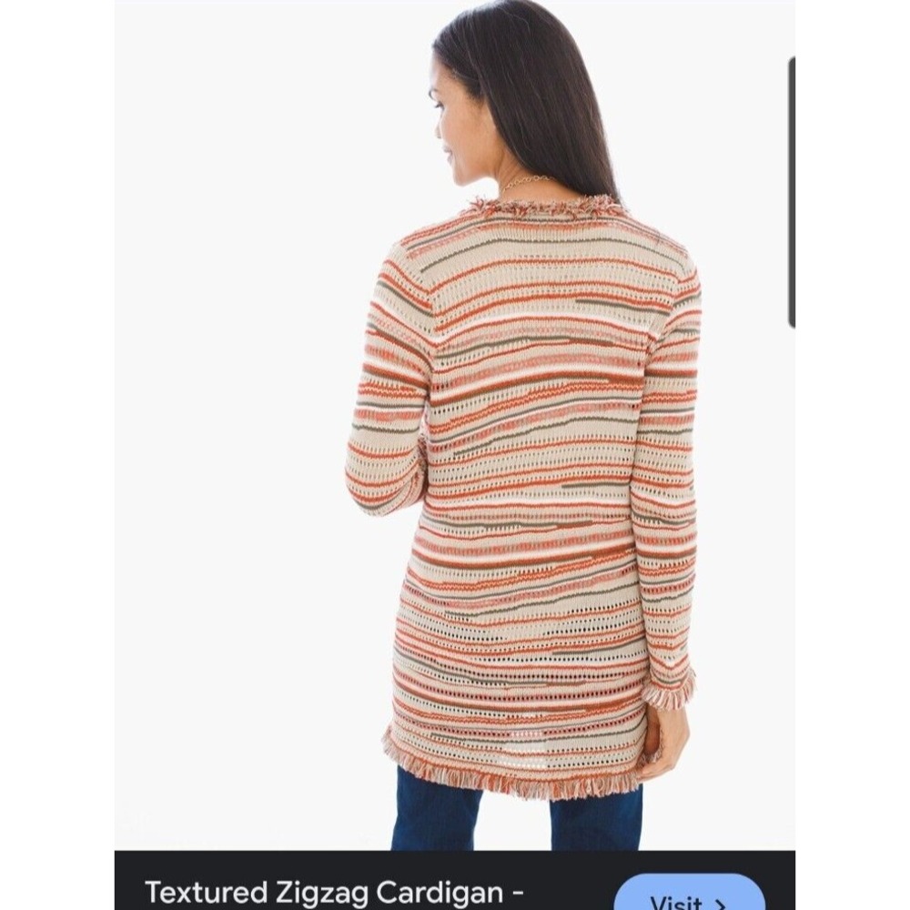 Chico's Sz XXL Striped Zigzag‎ Knit Eyelet Fringe Hem Boho Cardigan Sweater